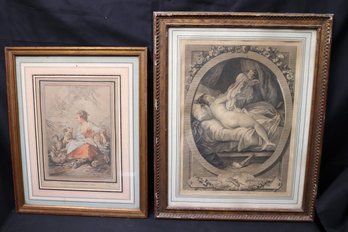 Two Antique Framed Romantic French Early 19th Century Era Prints.