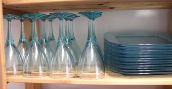 Summertime Living With Beautiful Colored Heavy Duty, Plastic  Stemware And Plates.