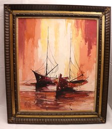 Signed Abstract Painting On Canvas Of Sailboats In Wooden Frame