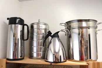 Lot Of Utilitarian Kitchen Items With Double Tall Pot, Two Coffee Pots  And More.