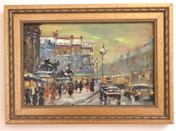 Small Signed Oil On Board Of Busy French Street Scene.