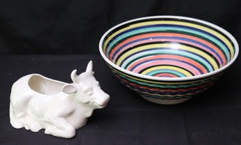 Handcrafted Ceramic Bowl With Multicolored Stripes Made In Italy And Cow Planter