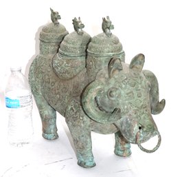 Embossed Metal Bull Statue With Green Patinated Finish & 3 Holes With Dragon Toppled Lids
