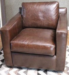 Crate And Barrel Leather Club Chair With Swivel Base, And Back Cushion.