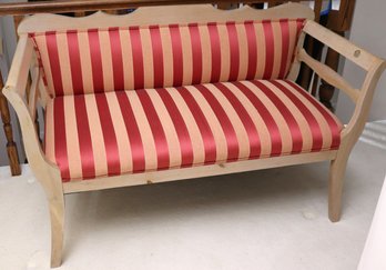 English Style Pickled Wood Framed Settee With Upholstery In Red And Tan Stripes.