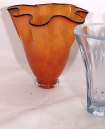 Orange Signed Glass Vase The Mirage 2000 182/825 Limited, Signed Glass Vase And Black Sasaki Designer Vase
