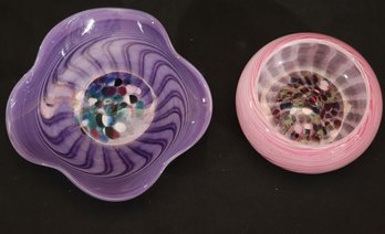 Two Pieces Of Handblown Art Glass With Small Pink Bowl And Purple Candy Dish.