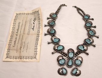Native American Squash Blossom Silver Necklace With Polished Turquoise Stones