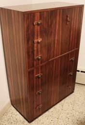 Mid Century Modern Zebra Wood Cabinet With Drop Front Secretary Desk.