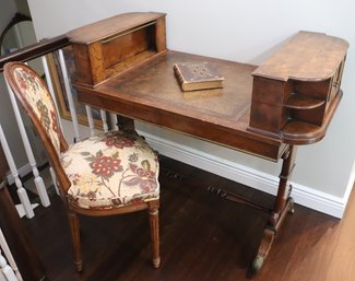 Antique Wood Desk With Leather Top, Includes Chair