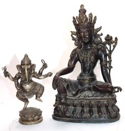 Vintage Bronze Buddha Figure On Lotus Leaf In Pensive Pose With Git Highlights And Brass Ganesh Figure