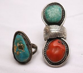 Two Native American Silver Rings With Turquoise & Coral Polished Stones
