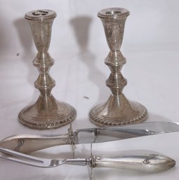 Duchin Creation Weighted Sterling Candle Holders, Includes A Carving Fork & Knife With Sterling Weighted H