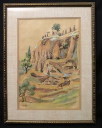 Framed Artwork, Signed, Lower Left Of Middle Eastern Mountainside, With Houses, And Olive Trees