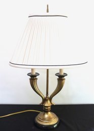 French Style Brass Toned Table Lamp With 2 Lights & A Pleated Shade