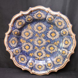 Large Hand Painted Italian Decorative Wall Plate, Majolica Style, With Blue Background And Curved Edges