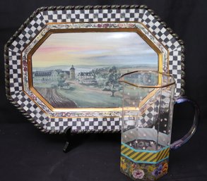 Mackenzie Childs MacLachlan Platter With Checked Border And A Mackenzie Childs Glass Pitcher.