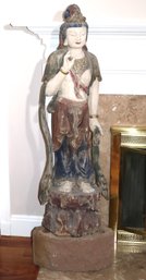 Carved & Polychrome Painted Statue Of Beautiful Chinese Quan Yin On Carved Wood Base