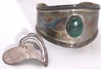 Sterling 925 Cuff Bracelet With Green Malachite Stone Insert Includes Sterling 925 Heart Pin/brooch