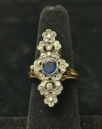 14K YG / WG FANCY  ANTIQUE STYLE DIAMOND AND SAPPHIRE RING - SIZE 6.5 - 7