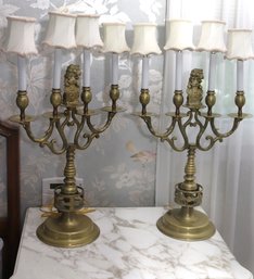 Pair Of Substantial Antique Brass Candelabra Table Lamps With Rampant Lion Accent