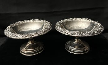 STERLING SILVER S KIRK AND SONS PAIR OF FANCY FLORAL RIMMED COMPOTE DISHES