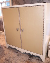 White Lacquered Glam Rock Dresser Cabinet With White Leather Silver Tone Nail Heads & Skull Pulls