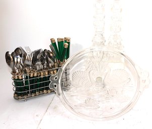 Vintage Stainless Flatware With Green Handles Service For 8 &, Includes Frosted Swan Cake Stand & Candlesticks