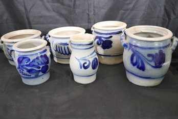 Lot Of 6 Handmade Salt Glazed Pottery Stoneware Crocks / Jars.