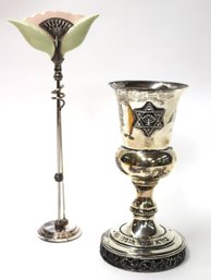 Silver Plated Kiddush Cup & Unique Spice Holder With Fan Shaped Porcelain Top
