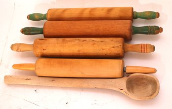 9Collection Of Vintage Wood Baking Rolling Pins With Large Hand Carved Wood Spoon