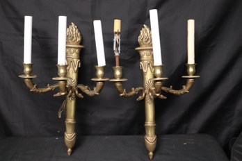 Pair Of French Empire Style Bronze Sconces With 3 Electrified Candle Lights And Flame Design