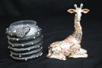 Bejeweled Giraffe Pill Box And Olivia Riegel Snake Candle Holder. Giraffe 3 X 4.5, Candle 2.75 X 2