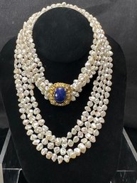 18K YG 31.5 INCH DIAMOND AND LAPIS 4 STRAND FRESHWATER PEARL NECKLACE