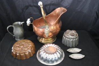 Copper Coal Bucket And An Assortment Of Vintage Metal Jello Molds.