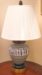Unique Milk Glass Lamp With Hieroglyphic Style Engraving And Pleated Fabric Shade.