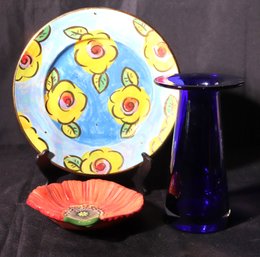 Mary Rose Young Decorative Plate, Modern Blue Glass Vase And Poppy Bowl.