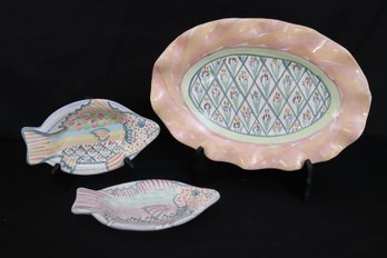 Two Mackenzie Childs Fish Dishes And Oval Platter Bearded Iris  Fluted Ruffle Plate.