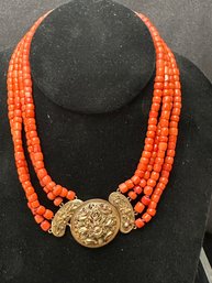 14K YG/RG 14.5 Inch Antique Red Coral 4 Strand Choker Necklace With Beautiful Floral Clasp