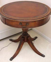 Mahogany Center Table With Leather Top And 3 Faux Drawers.