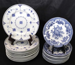 Lot Of 12 Johnson Bros. Blue Denmark Dinner Plates And 12 Asiatic Pheasant Plates.