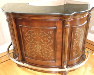 Michael Payne Collection Fancy Half Moon Hardwood Home Bar With Stenciled Detail, Granite Top & Foot Rail