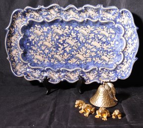 Lot Of Home Decor, Hand Painted Italian Majolica Style Wall Platter, Frog S/P And Ted Arnold Hammered Pear.