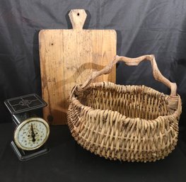 American Country Twisted Twig Branch Basket, Antique Scale, And Wooden Board.
