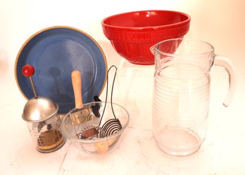 Vintage Farm Style Kitchen Decor Includes Glass Pitcher, Mixing Bowl, Tea Strainer