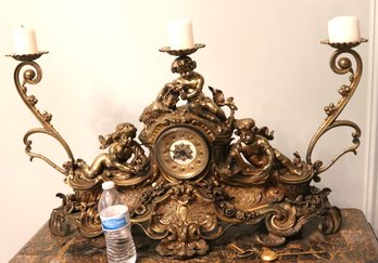 Oversized Ornate French Louis XV Style Bronze Clock Case With Cherubs, Scrollwork & Candleholders