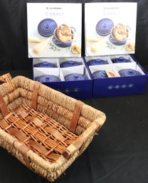 Le Creuset Cobalt French Onion Soup Bowls With Lids New In Boxes And Raffia Basket.