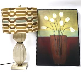 Contemporary Porcelain Table Lamp With Printed Shade & Framed Still Life Of Tulips