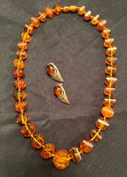18' Hand Knotted Graduated Amber Necklace Plus Sterling And Amber Earrings