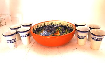 Vintage Hand Painted Pottery Fruit Bowl Includes Vintage Cobalt Blue & White Windmill Mug/cup Set